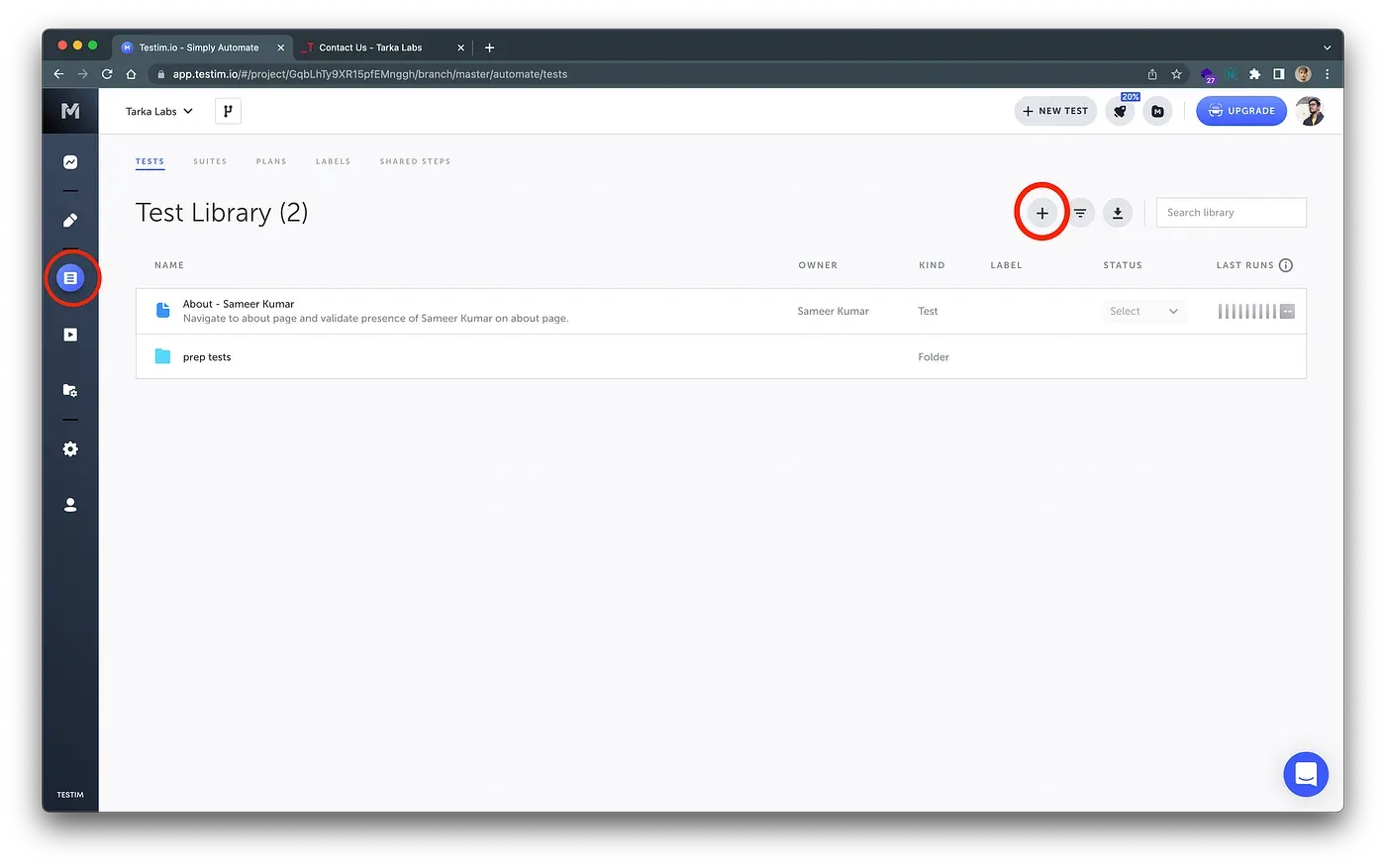 Testim test library with a Contact folder