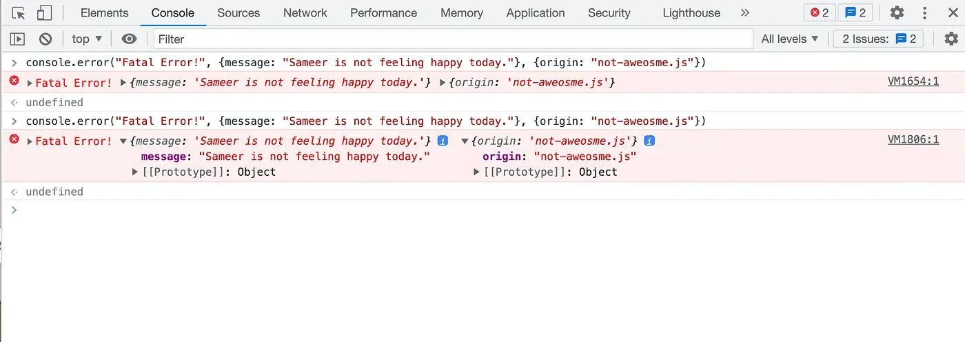 console.error(msg, object 1, …, object n)