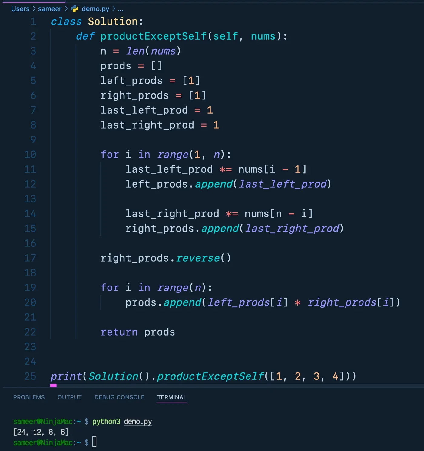 Product of array except self solution in python