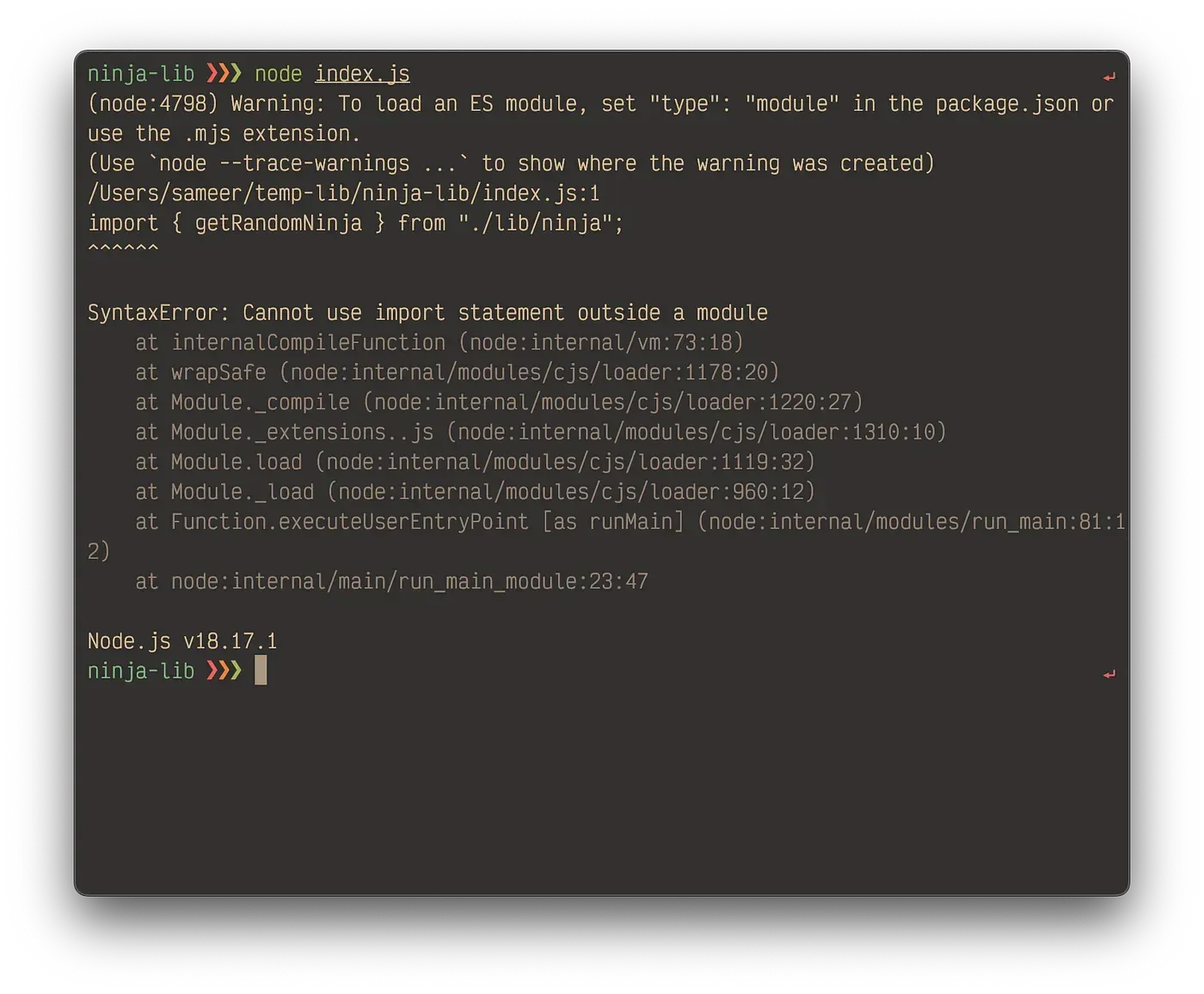 Terminal showing node’s SyntaxError: Cannot use import statement outside a module