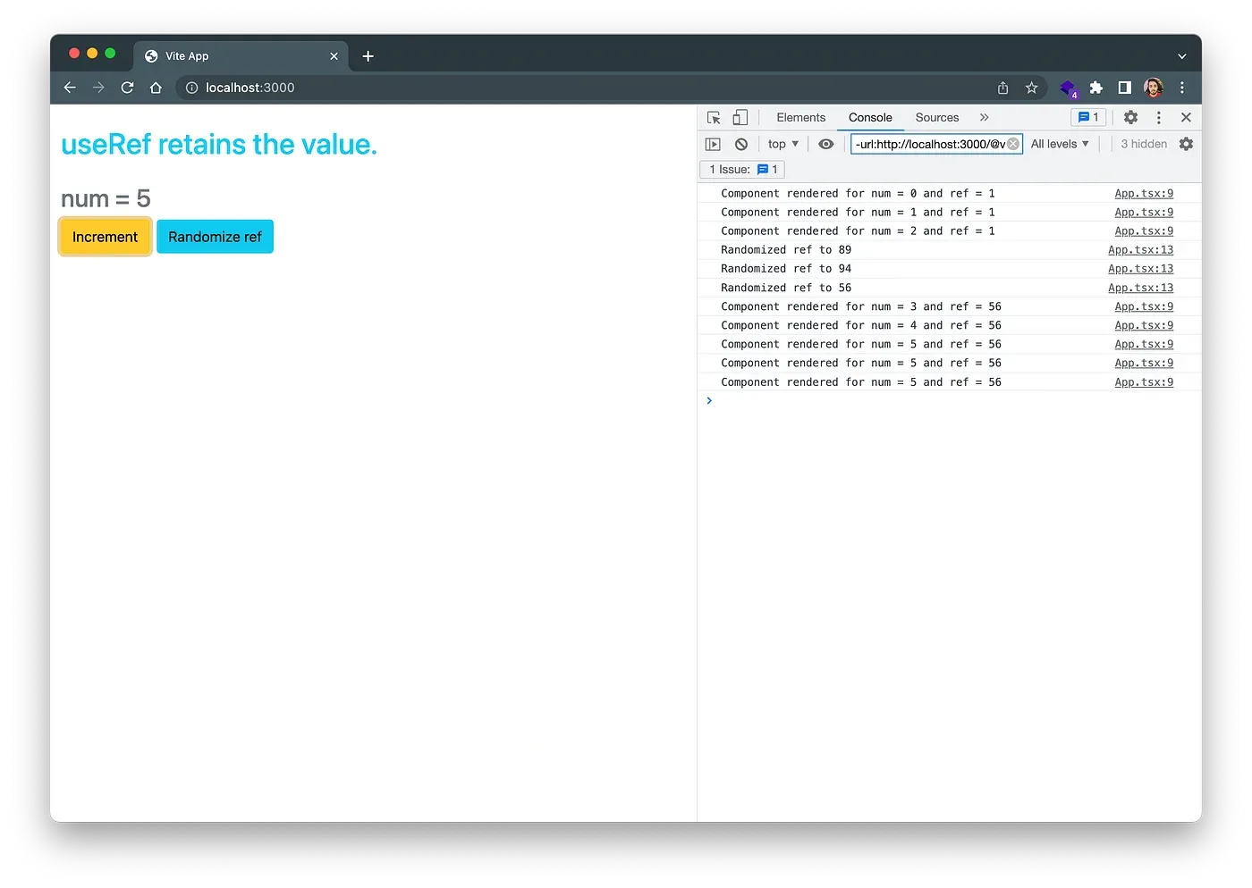 React refs persist data across component rerenders and don’t cause rerenders when updated.