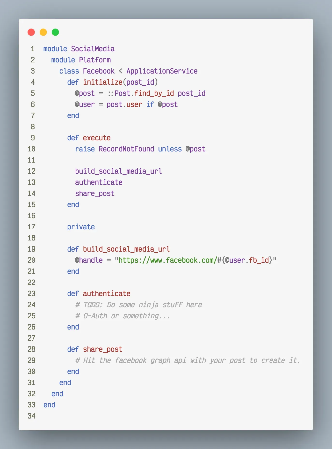 SocialMedia::Platform::Facebook service with build_social_media_url, authenticate and share_post methods