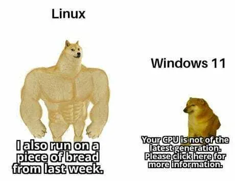 Meme: buff Doge “Linux: I also run on a piece of bread from last week” next to a small Cheems “Windows 11: Your CPU is not of the latest generation”