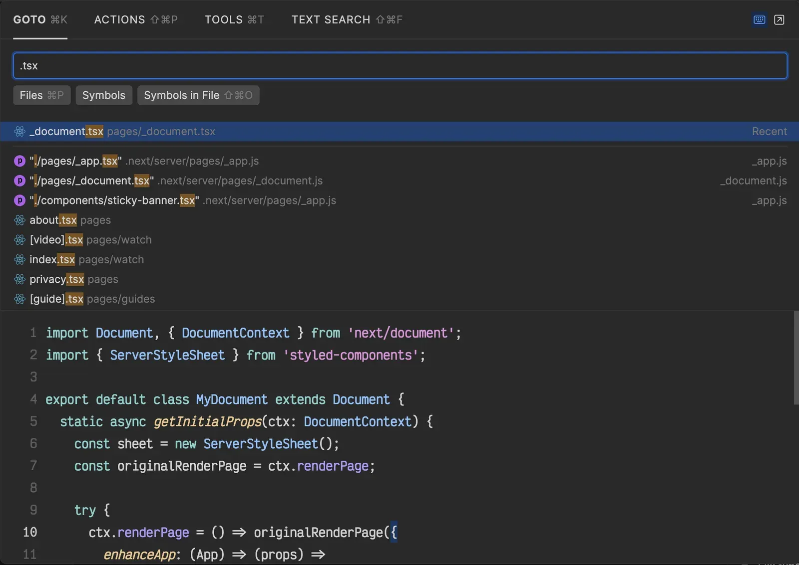 Fleet command palette open over the editor