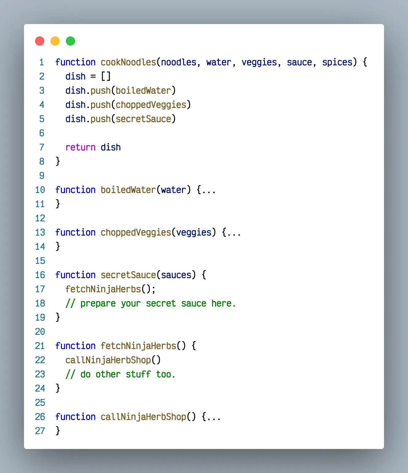 cookNoodles rewritten to push boiledWater, choppedVeggies and secretSauce, each a small helper function