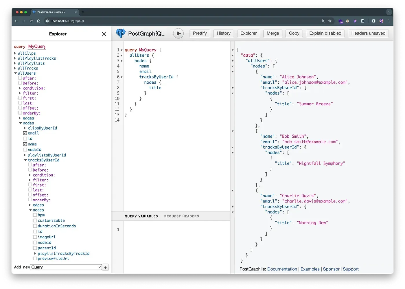 PostGraphiQL with the explorer, a nested users and tracks query, and its JSON result