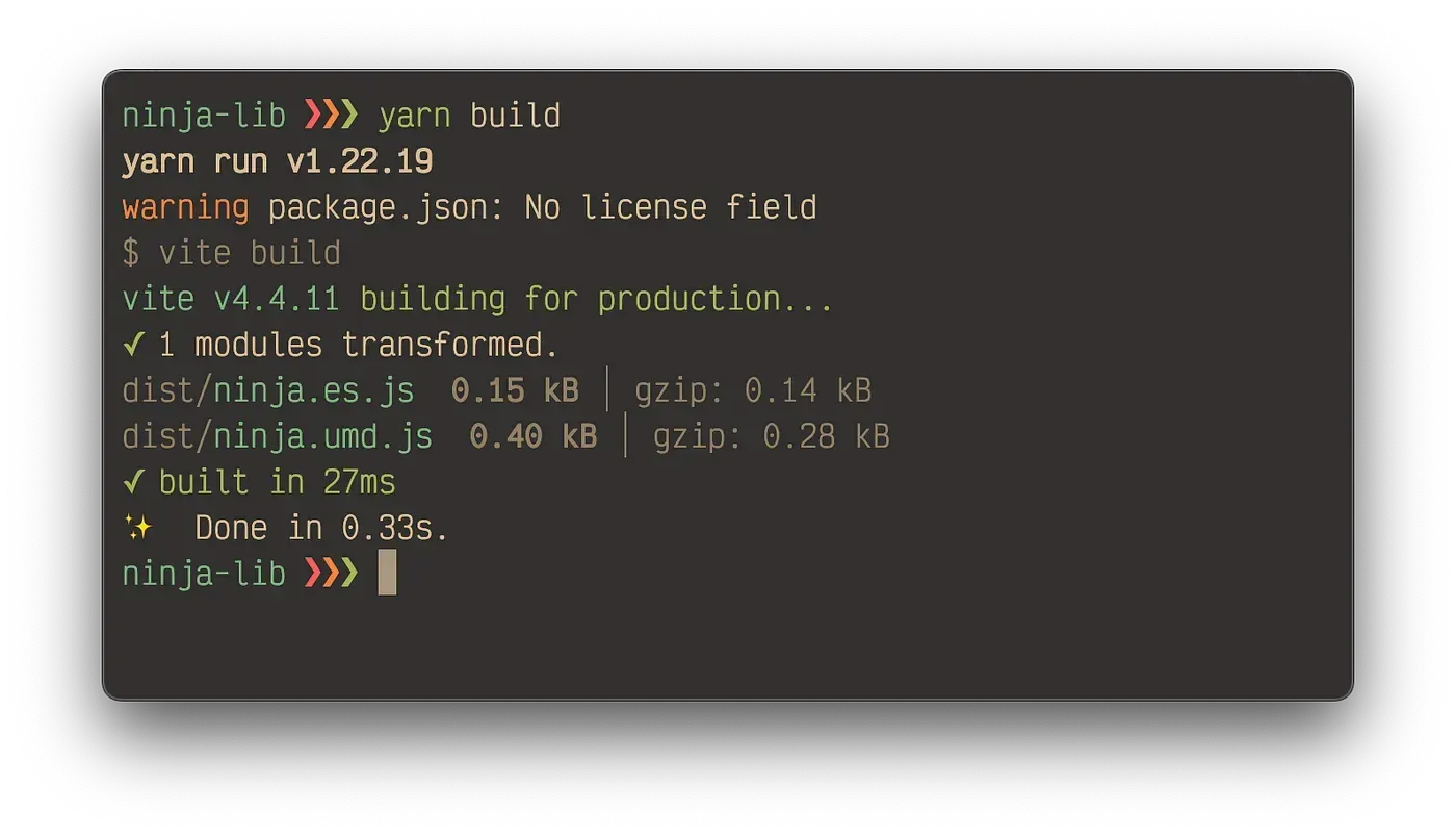 Terminal showing yarn build producing dist/ninja.es.js and dist/ninja.umd.js