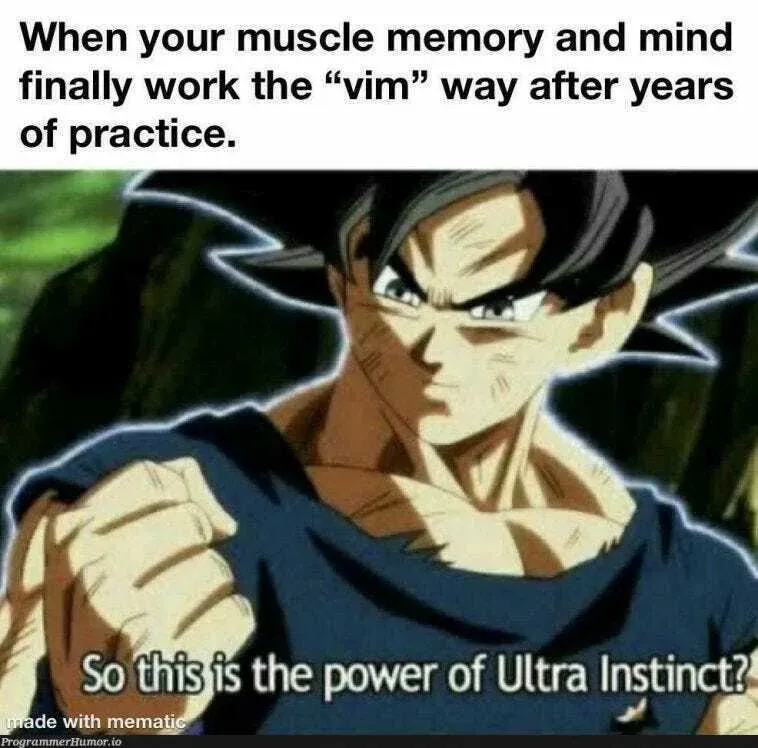 Meme: Goku saying “So this is the power of Ultra Instinct?” when muscle memory finally works the vim way