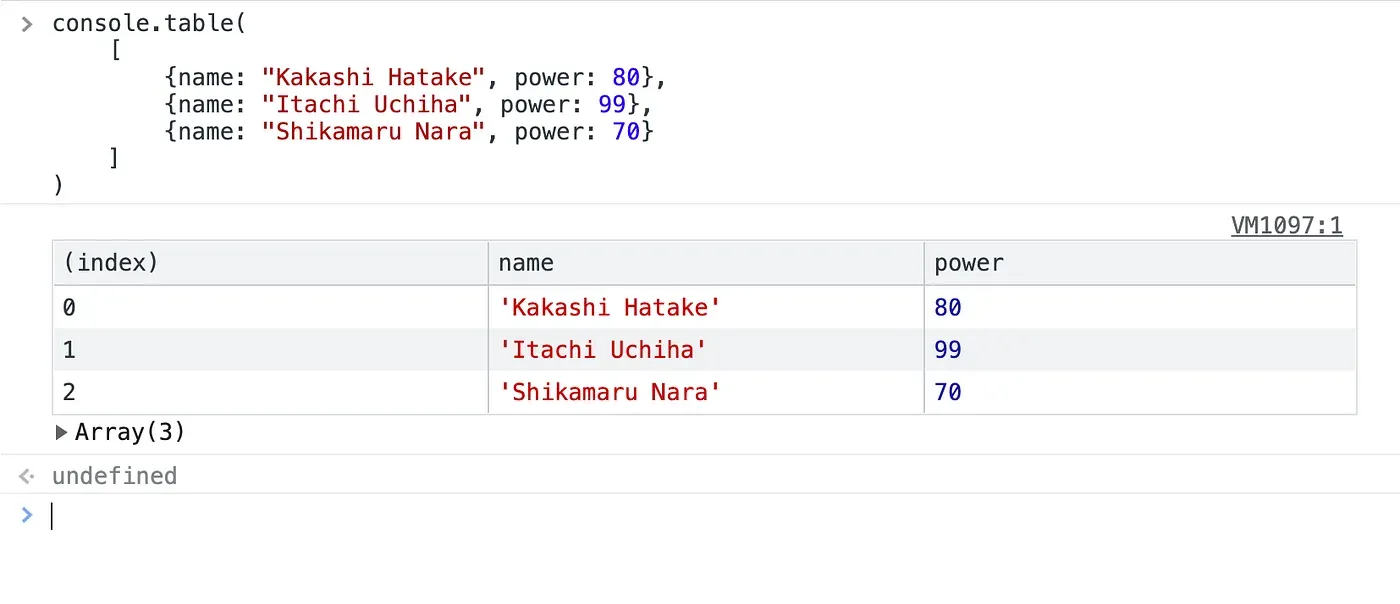 console.table output rendering an array of objects as a table