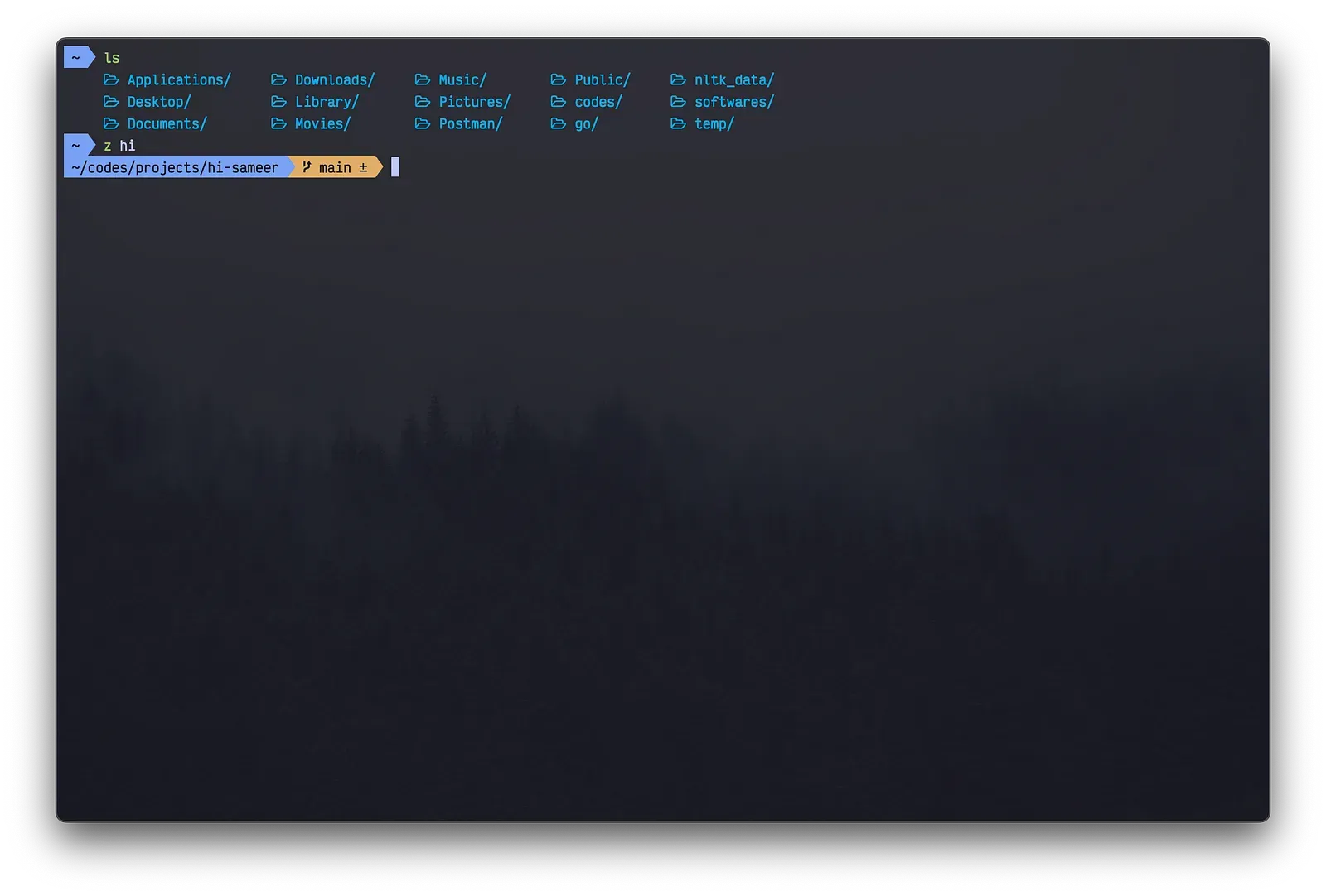 iTerm2 terminal with a minimal prompt over a dark forest wallpaper
