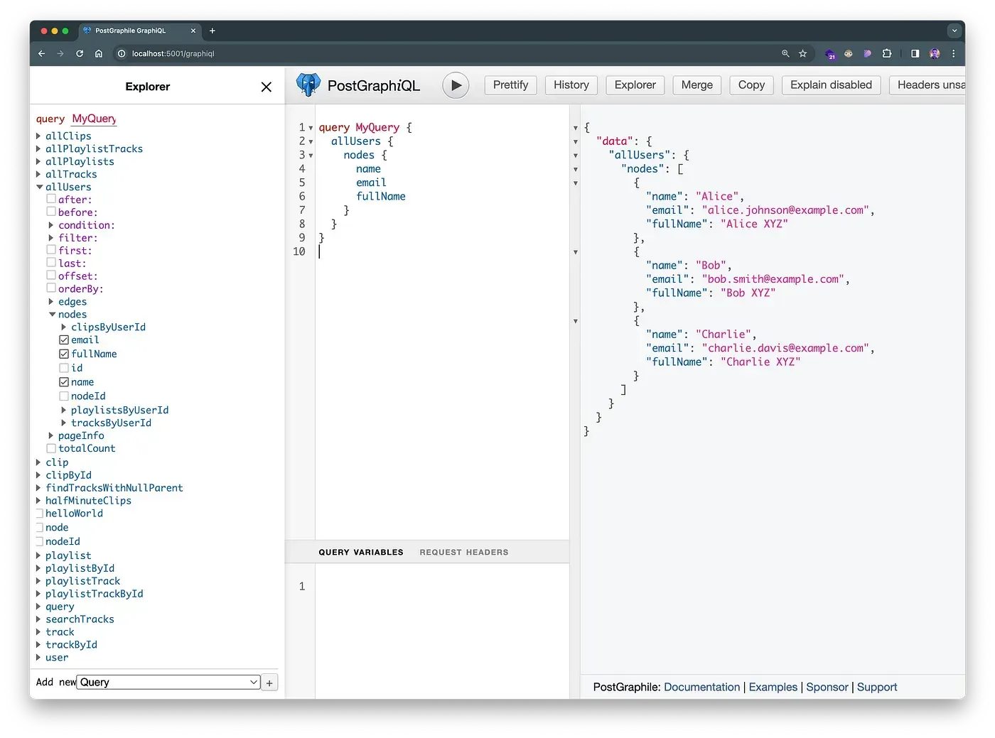 PostGraphiQL query returning name, email and the custom fullName field for each user