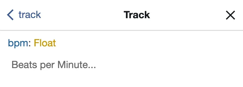 GraphiQL docs panel showing the bpm field with the description “Beats per Minute…”