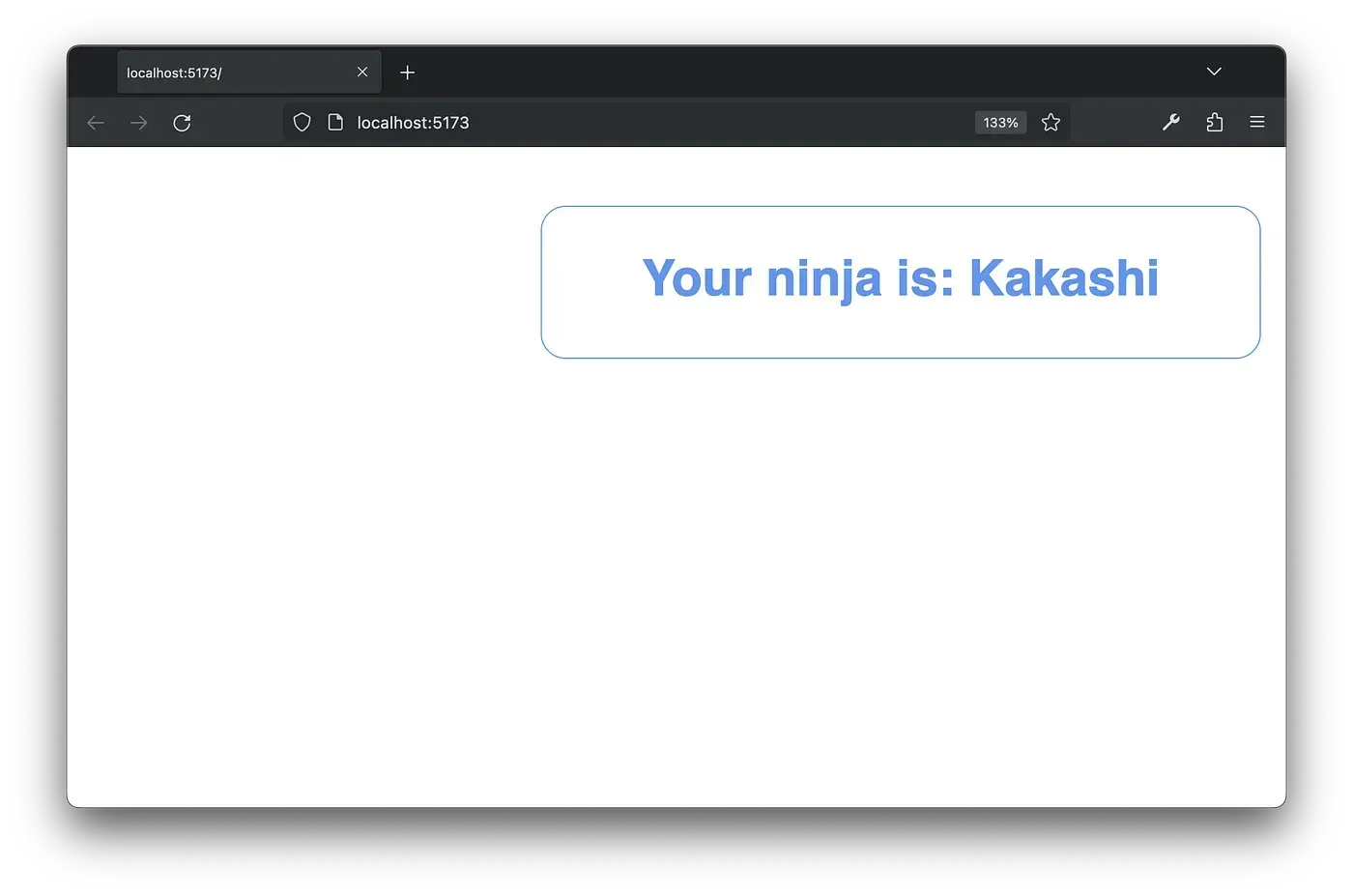 Browser showing “Your ninja is: Kakashi” in a blue bordered notification box at the top right