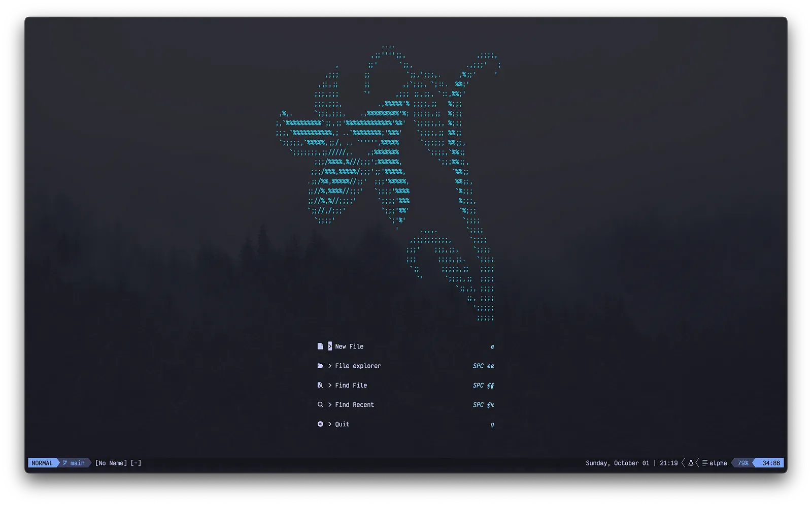 Neovim dashboard with ASCII art and a New File, Find File, Quit menu