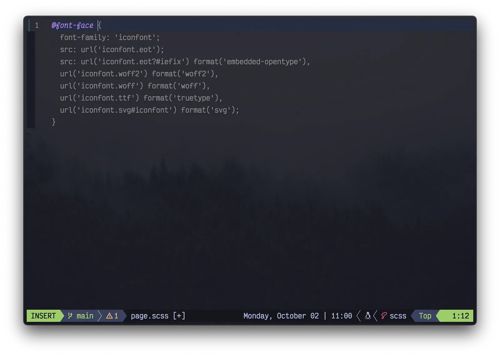 Neovim showing an AI-suggested @font-face block as ghost text