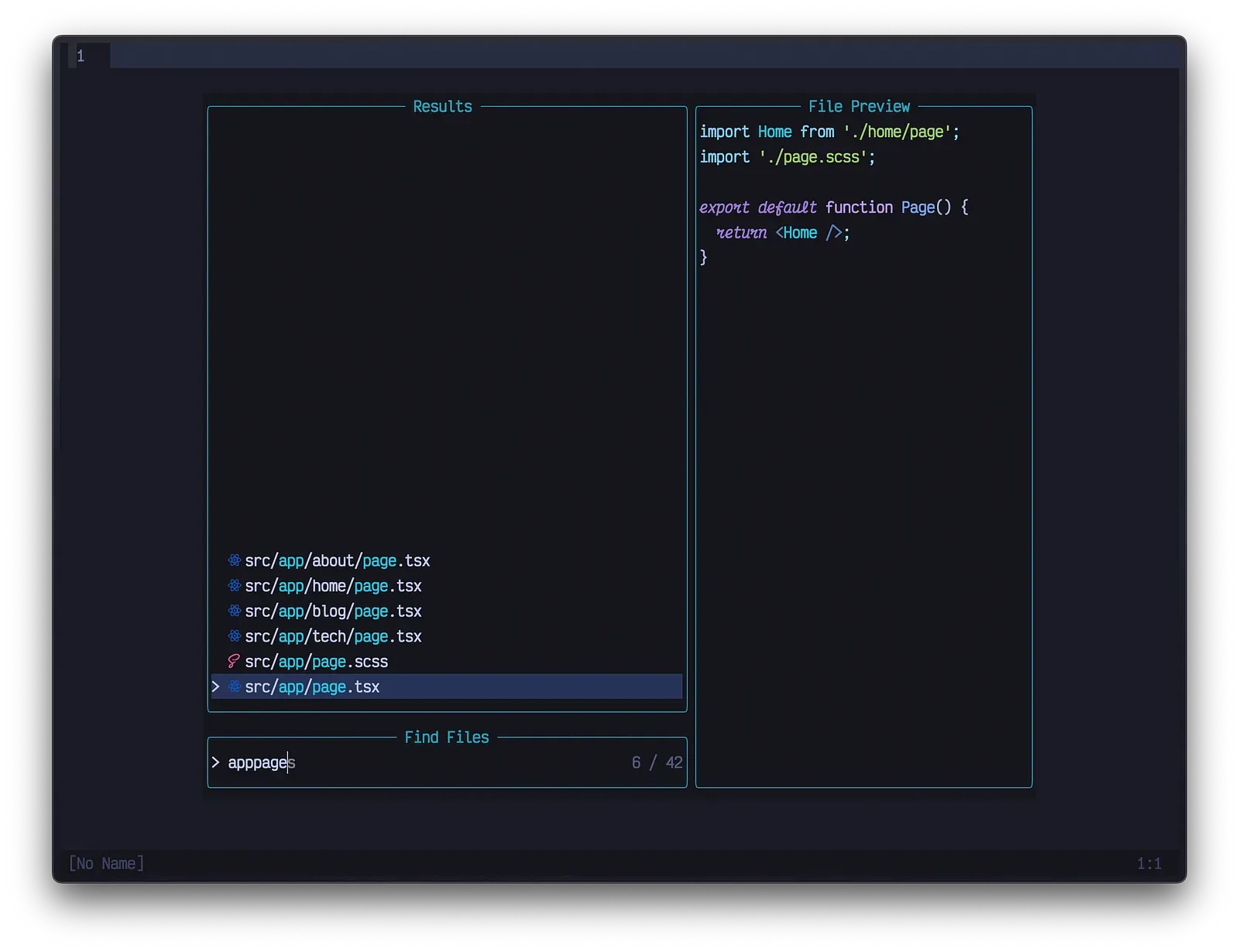Neovim fuzzy finder listing matching files with a file preview
