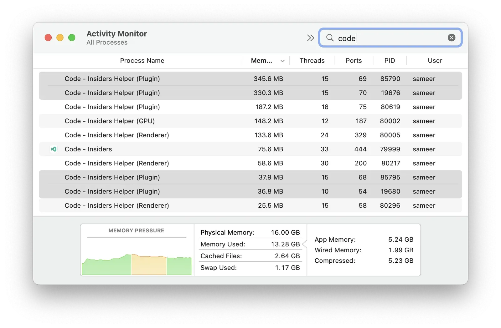 Activity Monitor showing VS Code Insiders processes, the largest at 345.6 MB of memory