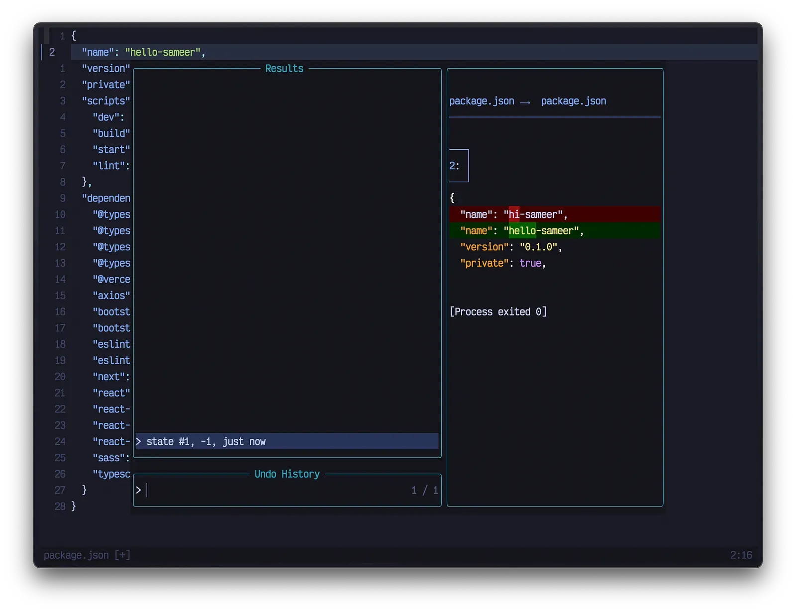 Neovim undo history panel showing a diff of package.json